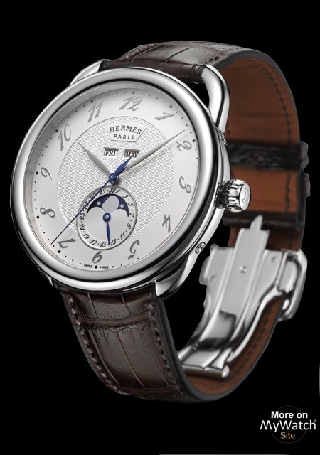 Watch Hermès Arceau Grande Lune  Arceau 036756WW00 Steel - Silevered Dial  - Alligator Strap