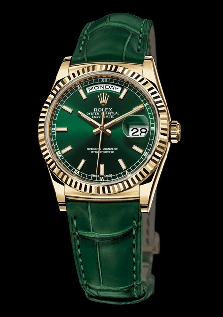 Watch Rolex Day Date Oyster Perpetual Yellow Gold Green Dial Alligator Strap