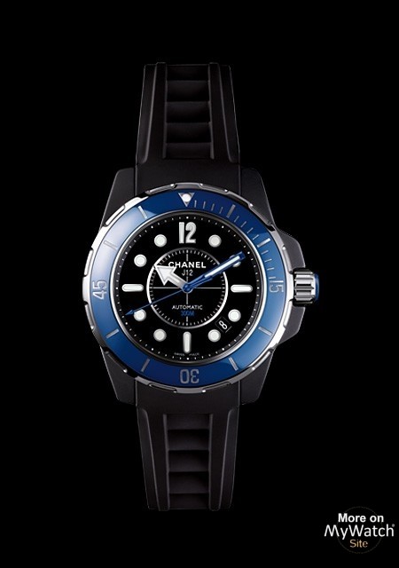 CERAMIC CHANEL J12 MARINE 42MM WATCH W/BLUE BEZEL & BLACK RUBBER STRAP