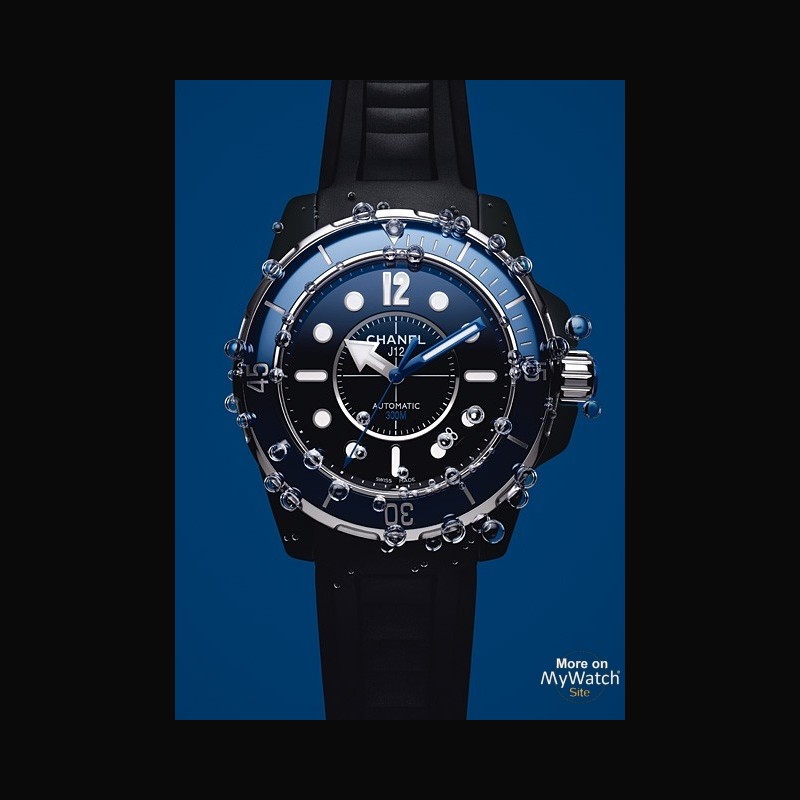 CERAMIC CHANEL J12 MARINE 42MM WATCH W/BLUE BEZEL & BLACK RUBBER STRAP