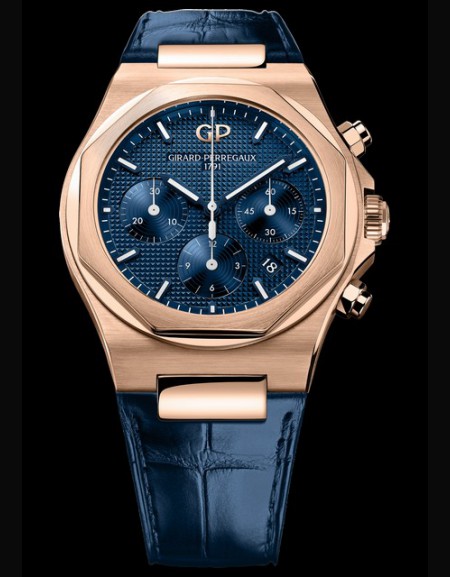 Laureato Chronographe - Or rose sur cuir cadran bleu foncé