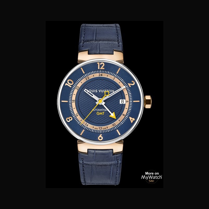 Tambour Moon GMT black, steel and pink gold watch, Louis Vuitton