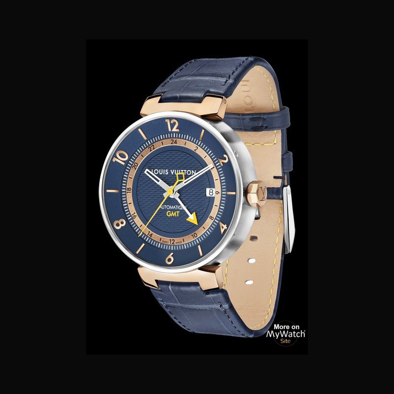 Watch Louis Vuitton Tambour Moon Blue & Gold GMT | Tambour Stainless Steel - Blue Dial