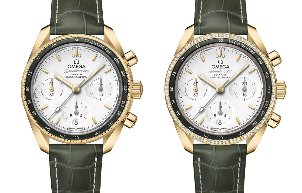 Ces deux versions Omega Speedmaster 38 mm associent l'or jaune à des éléments verts