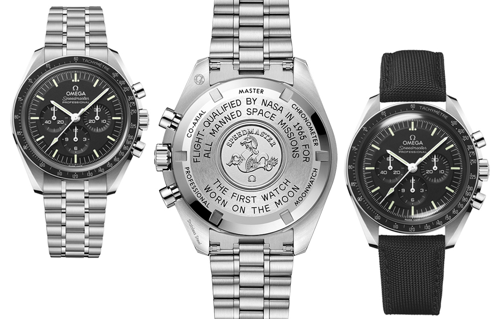 Dans sa version munie d'un verre hésalite comme en 1969, l'Omega Speedmaster Moonwatch Master Chronometer en acier est proposée sur bracelet acier cinq maillons ou sur bracelet en tissu nylon noir