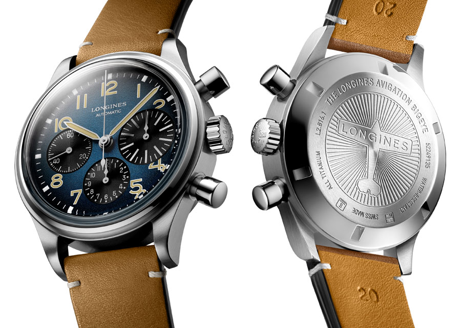 La Longines Avigation BigEye vue de dos présente un fond vissé gravé d'un avion