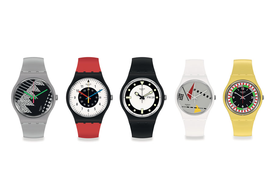 Les cinq modèles de la collection Swatch 1984 Reloaded