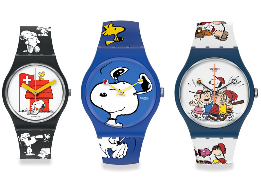 Trois montres issues de la collaboration Swatch et Peanuts