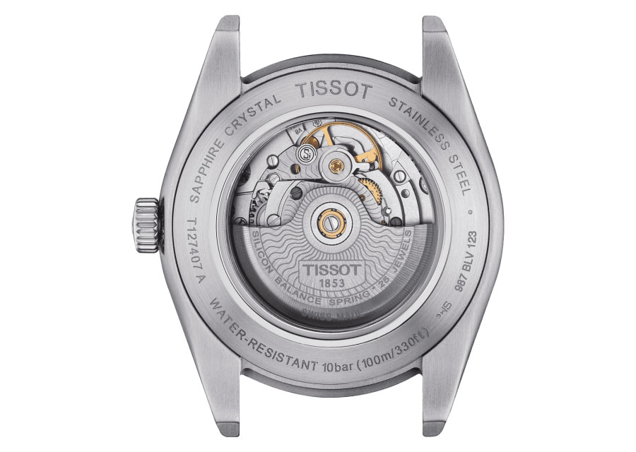 Le calibre de la Tissot Gentleman Powermatic 80 Silicium visible à travers un fond saphir