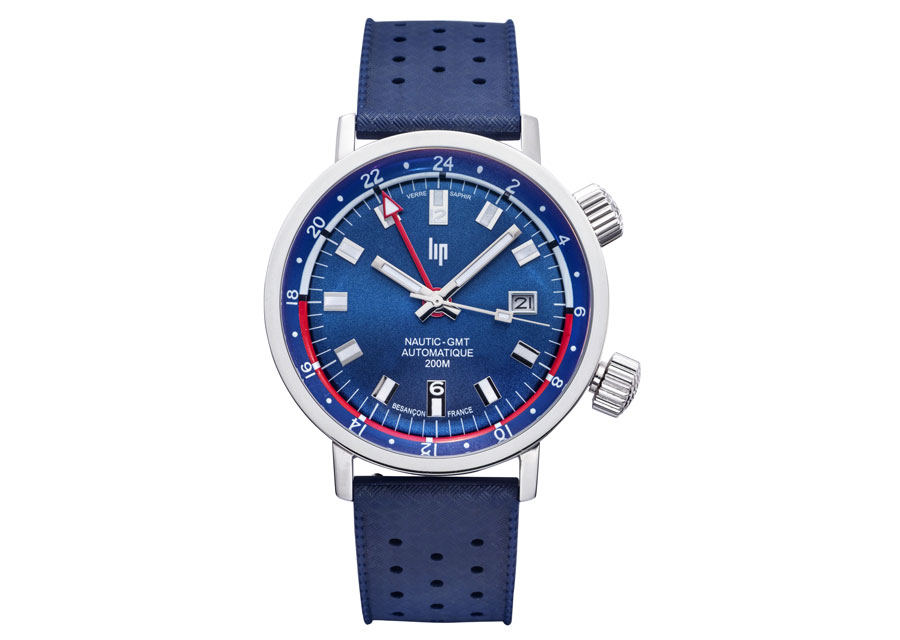 Parmi les plus belles montres de Noël chez LIP, la nouvelle Nautic GMT Automatique au cadran bleu soleil