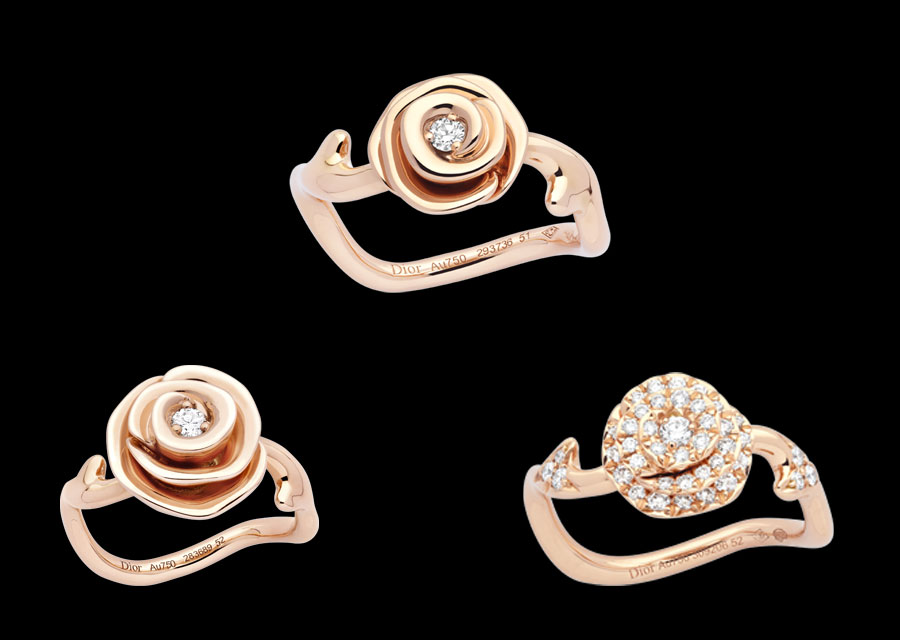 Les bagues de la collection Rose Dior Couture sont en or rose et diamants