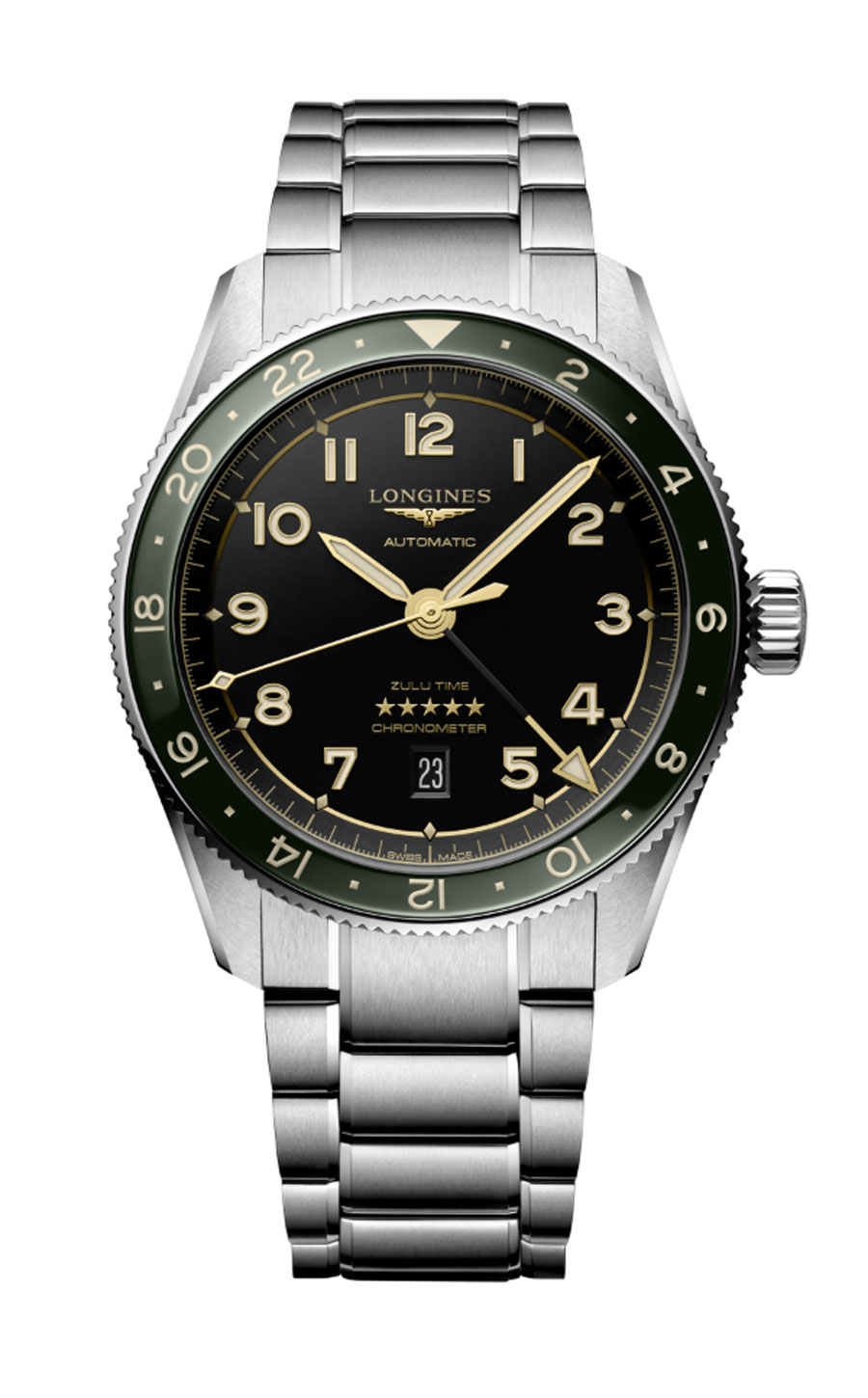 Montre Longines Spirit Zulu Time en acier avec lunette verte anglais et cadran noir mat sur bracelet méta