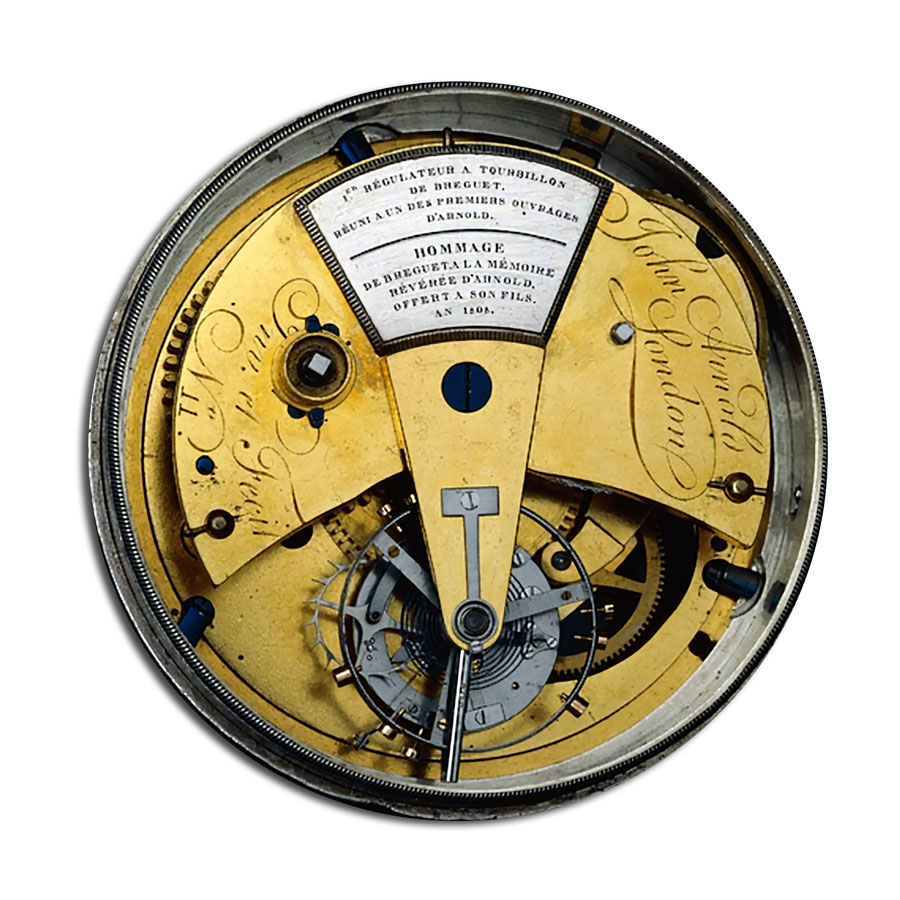 Calibre de chronomètre de marine par John Arnold et cage de tourbillon par Abraham-Louis Breguet avec échappement à détente de Peto.