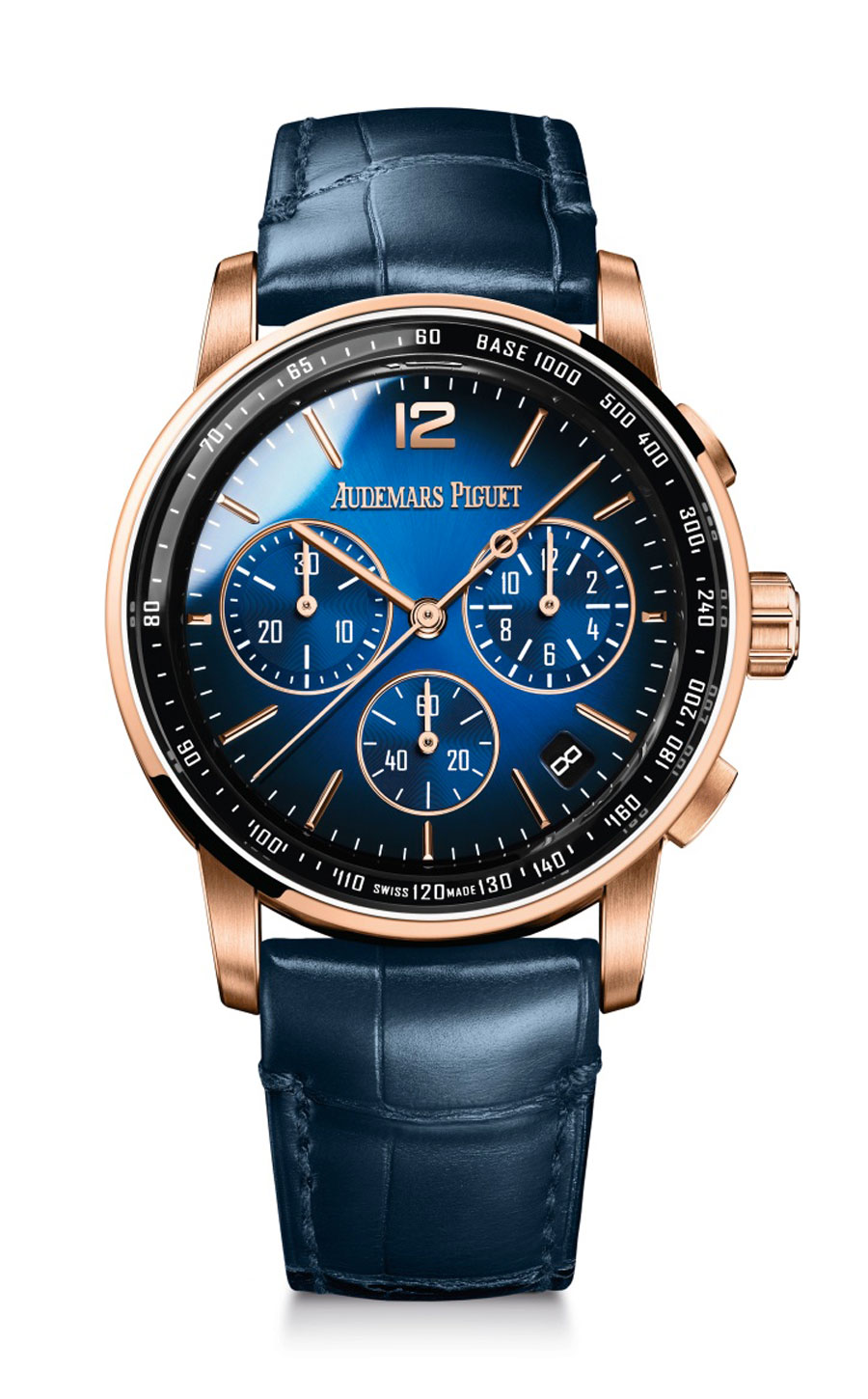 La version or rose et cadran bleu fumé du chronographe Code 11.59 by Audemars Piguet