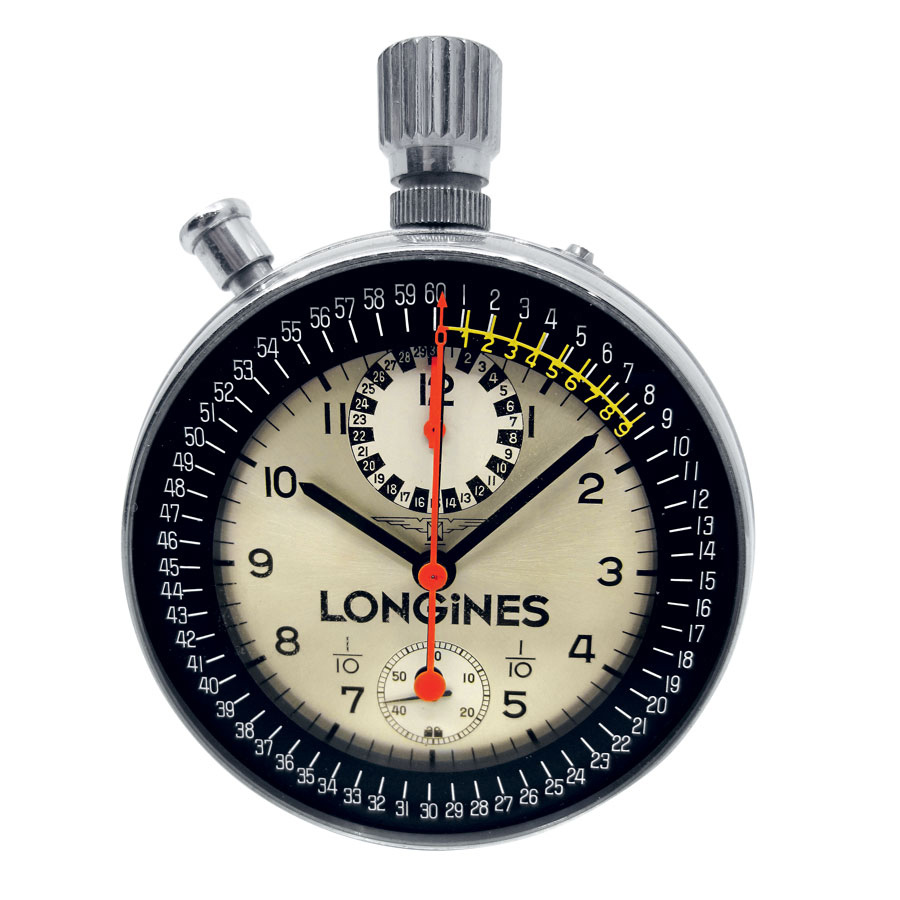 Le chronomètre Longines destiné à mesurer les exploits sportifs au 1/10e de seconde.