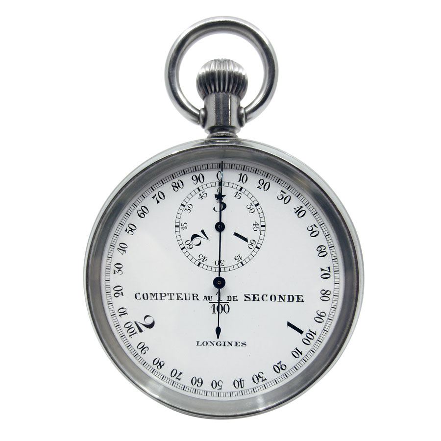 Ce chronomètre de Longines relève les temps au 1/100e de seconde.
