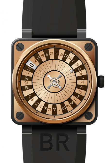 The BR01 CASINO Pink Gold Only Watch : case in pink gold and black PVD finish stainless steel, self-winding movement, hours, minutes and seconds display by three concentric disks, water-resistance 100 meters.