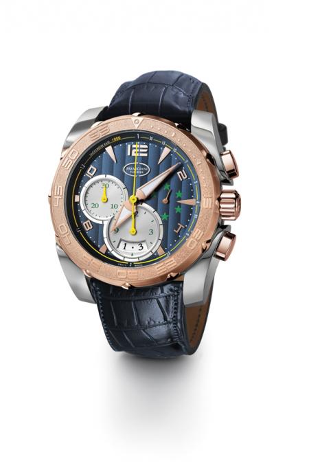 With the colors of the CBF, the Pershing Chronograph in titanium and rose gold offered to Ronaldo features five stars citing the five titles of World Cups won by Brazil.