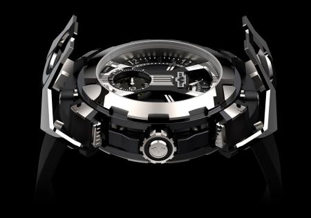 The DeWitt X-Watch - presented here tourbillon's side - with the articulated “bonnet” in the shape of an “X” in its opended position.