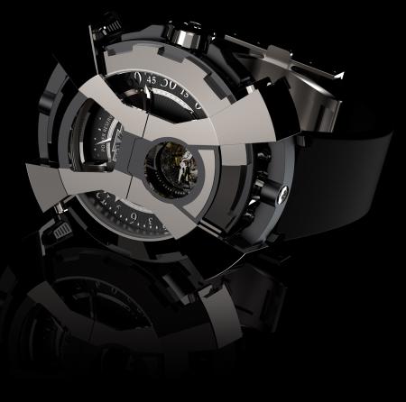 The DeWitt X-Watch - presented here tourbillon's side - with the articulated “bonnet” in the shape of an “X” in its closed position.