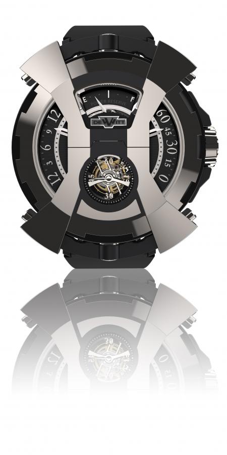 The DeWitt X-Watch face wiew - presented here tourbillon's side - with the articulated “bonnet” in the shape of an “X” in its closed position.