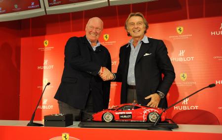 A handshake symbolizing the agreement between Hublot, represented by Jean-Claude Biver CEO's, and Ferrari, represented by Mr. Luca Cordero di Montezemolo, President of Ferrari S.p.A © Raphael Faux