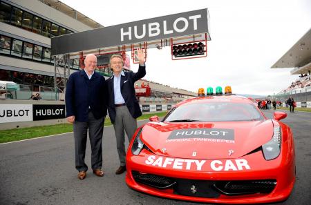 Jean-Claude Biver, CEO of Hublot, and Luca Cordero di Montezemolo, President of Ferrari S.p.A, together on the circuit of Mugello.©Raphael Faux