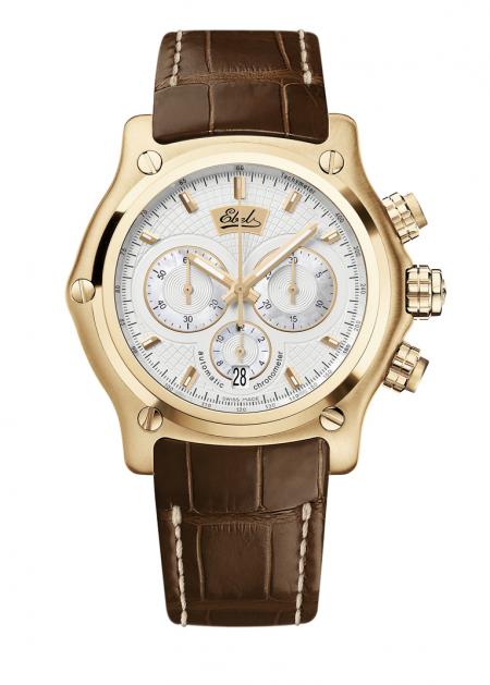 Ebel 1911 BTR Chronograph anniversary edition : automatic movement, case in pink gold, sapphire crystal case-back, limited edition of 100 pieces - 21 200 euros.