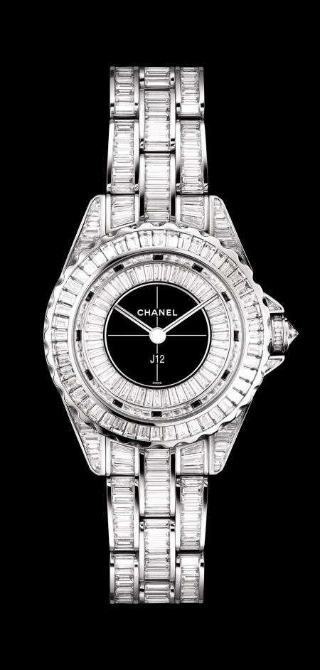 Chanel - J12 29mm watch in white gold set with baguette-cut diamonds. 