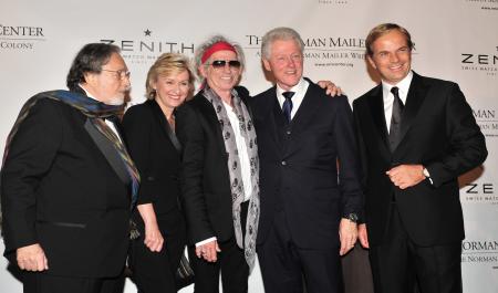 Lawrence Schiller, Tina Brown, Keith Richards honoured with the Mailer Prize for Distinguished Biography, presented by former president Bill Clinton, and Zenith President and CEO Jean-Frédéric Dufour during the 2011 Norman Mailer Center gala.