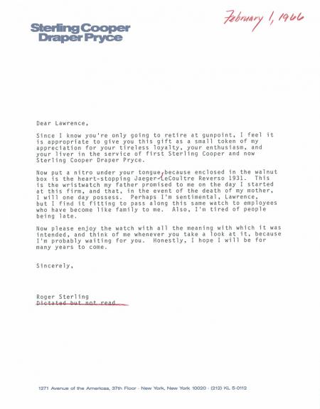 The personalized commemorative letter from Roger Sterling.