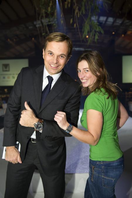 Jean-Frédéric Dufour - Zenith President and CEO - with the singer Anais Croze during the Benefit Gala for the Smiling Children Association. 