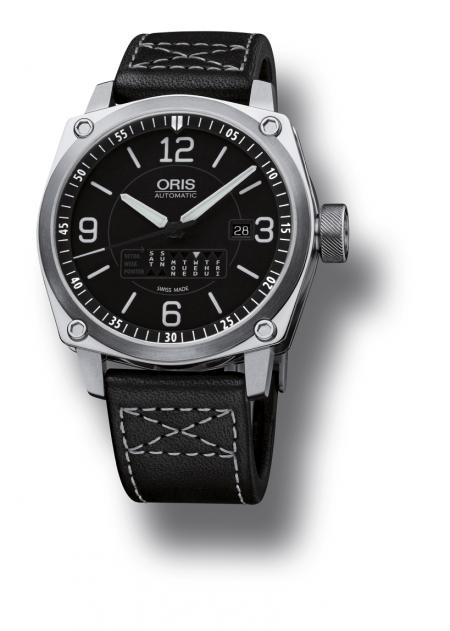 The Oris BC4 Retrograde Day on black Gaucho leather strap. 