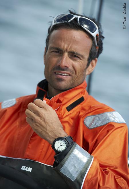 Franck Cammas on his arrival in Auckland, with on the wrist the Diverscope of JeanRichard. ©Yvan Zedda