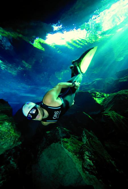 Carlos Coste wearing a 50 bars water-resistant Oris Divers watch during his record dive in the Dos Ojos cenote in Yucatan, Mexico.