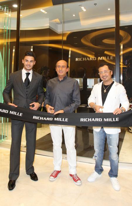 Baptiste Giabiconi, Richard Mille and Dave Tan (CEO of Richard Mille Asia) during the ribbon cutting ceremony of the new boutique of Hong Kong. 