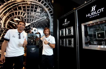 Gianluigi Buffon and Andrea Pirlo of the Juventus of Turin during the annoncement of the partnership between Hublot and the famous italian team.