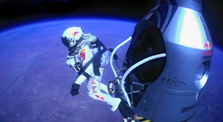 Felix Baumgartner jumping out of his space capsule at 39,045 meters.