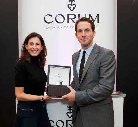 Marie-Alexandrine Leibowitch - Corum’s Director of Public Relations - give to Ben Ainslie one Admiral's Cup Legend 42 Tourbillon Micro-Rotor.