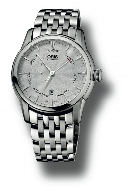 The Oris Artelier Small Second, Pointer Day with a steel strap.