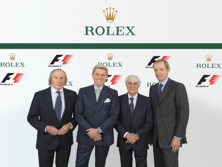 Sir Jackie Stewart, Témoignage Rolex ; M. Gian Riccardo Marini, Directeur Général de Rolex SA ; M. Bernie Ecclestone, CEO de Formula One group ; M. Jean-Claude Killy, Témoignage Rolex et membre du Conseil d'administration de Rolex SA. © Rolex / Eddy Motta