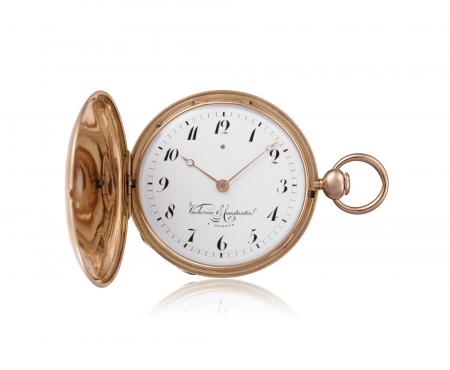 Ref. 10502 - 1826 - Hunting-case pocket watch, quarterrepeater, pink gold. Namel dial with 12 Arabic numerals, outer 