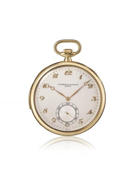 Ref. 10938 - 1938 - Pocket watch, minute-repeater, 18K yellow gold. Silvered dial, with 12 Arabic numerals, small seconds at 6 o'clock.