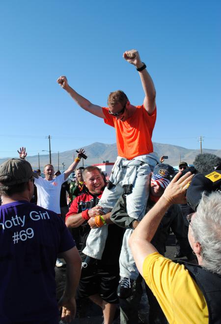 Oris sponsored Don Vito Wypraechtiger celebrates his Gold Race win as the first ever non-American champion at the 50th Reno Air Race.