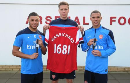 Arsenal football players Alex Oxlade-Chamberlain, Wojciech Szczesny and Kieran Gibbs