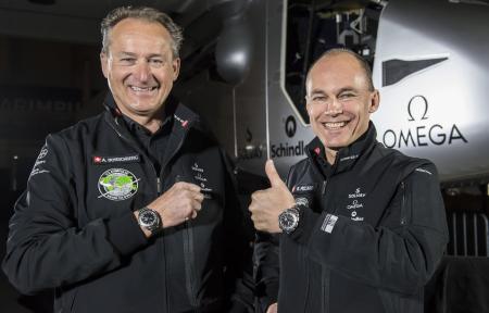 At the press conference, Bertrand Piccard and André Borschberg wore the OMEGA Speedmaster Skywalker X-33