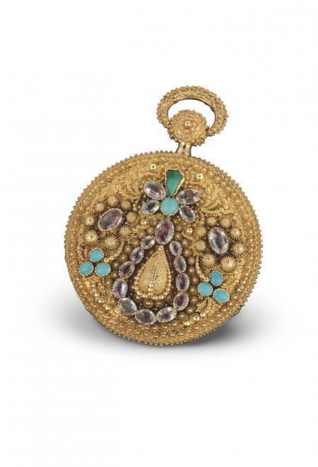 Ottoman 1824 - Pocket watch, pink gold, floral? pattern chased case and appliques engraved using the pounced ornament technique, embellished with turquoises and amethysts. Pink gold dial. N°11110 