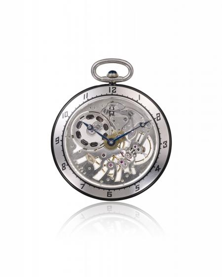 Late 19th century openworked architecture 1926 - Pocket watch, 18K white gold, rock crystal, enamel and onyx cabochon crown. German silver skeleton movement. N° 11131 