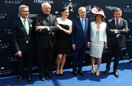 Thierry Delègue, General Director of France Galop, Walter von Känel, President of Longines, Kate Winslet, Longines Ambassador of Elegance, Bertrand Bélinguier, President of France Galop, Nathalie Bélinguier, President of the International Federation of Ge