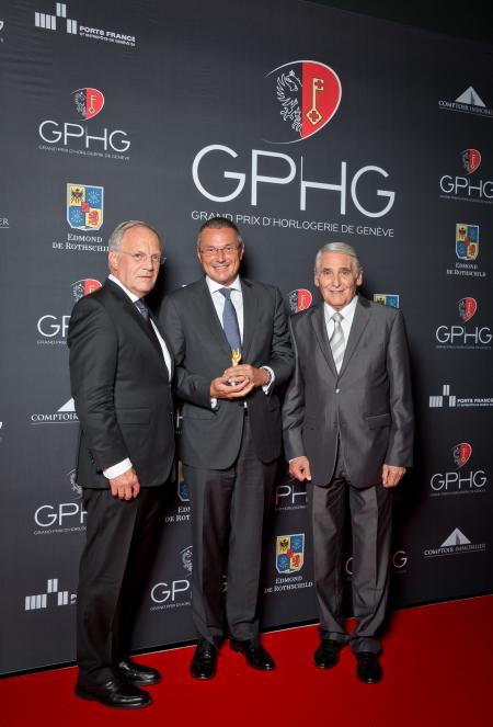 Johann Schneider-Ammann (Federal councillor), Jean-Christophe Babin (CEO of Bulgari, winner of the Jewellery Watch Prize 2014) and Carlo Lamprecht (President of the Foundation of the GPHG)